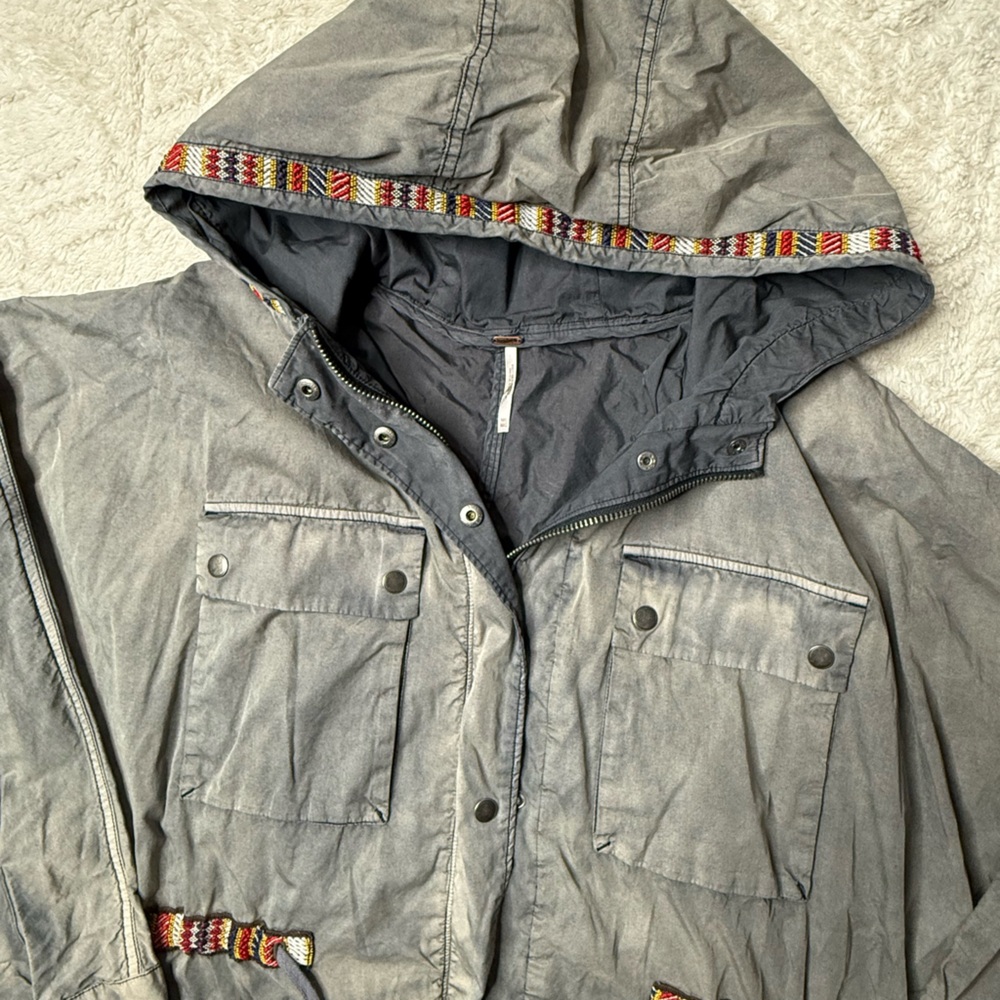 Free People Vintage Gray Hooded Jacket with Patterned Trim